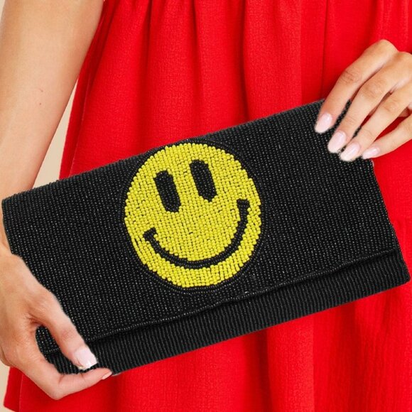 Emoji Smiley Face 2-Sided Seed Bead Crossbody Chain Clutch Boho Gift Handbag - Picture 2 of 5